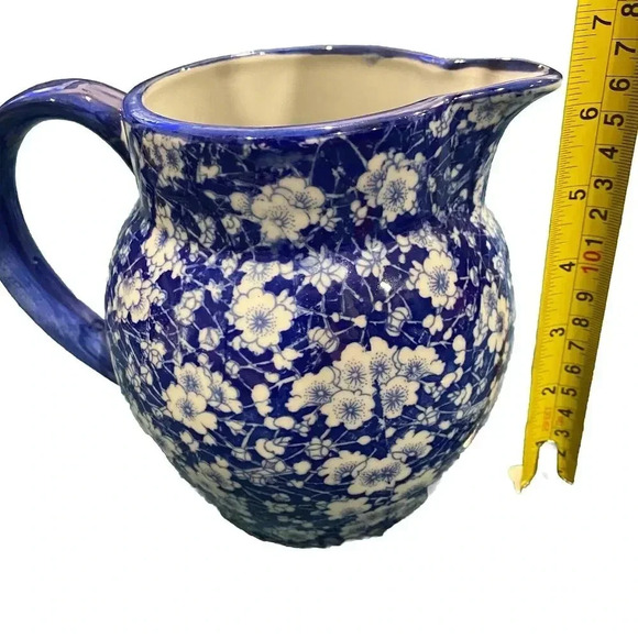 Vintage Victoria Ware Ironstone Pitcher Calico Blue White Floral Flow Blue 6in - Picture 9 of 10